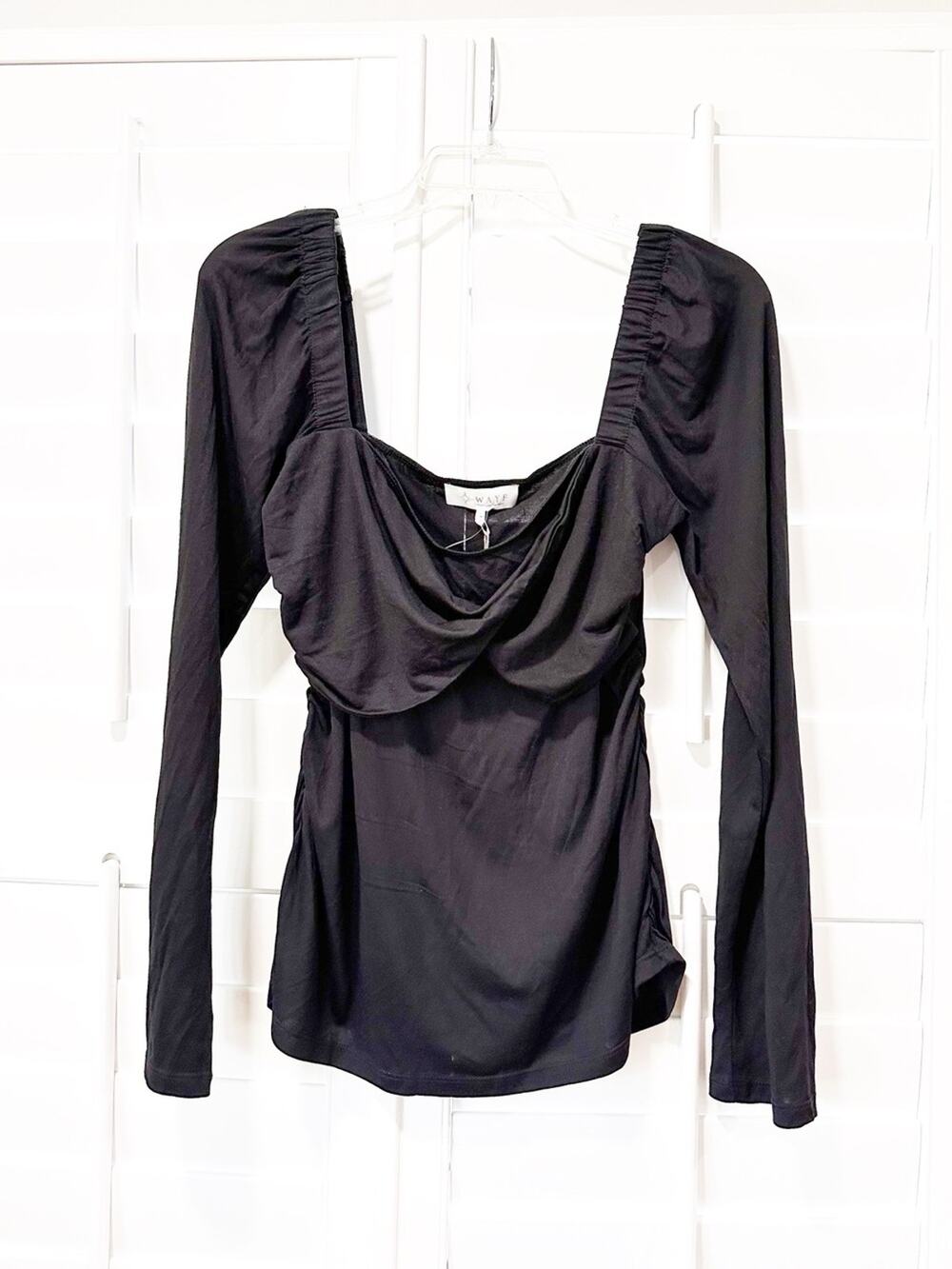 WAYF Black Ruched Long Sleeve draped fold over bandeau neckline Top Large Fairy